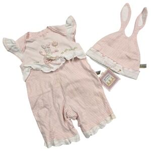 Bunnies By The Bay Pink Striped Bunny Romper Hat Set 3-6-9-12 M VTG Y2K NEW